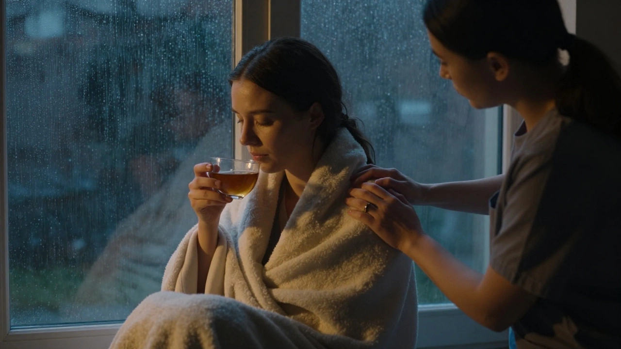 A client wrapped in a blanket sipping tea after a session, provider offering quiet support by the window.