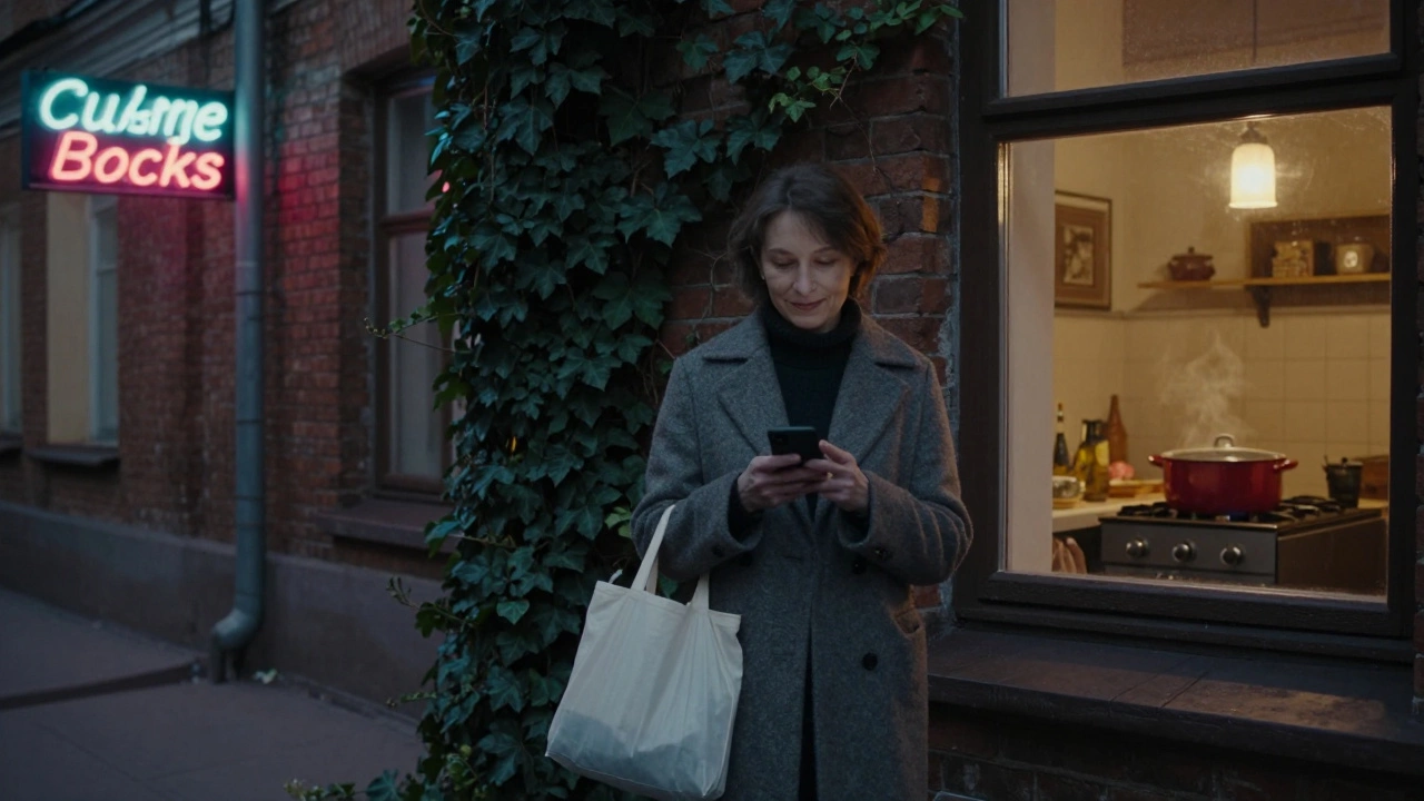 A mature woman in a St. Petersburg courtyard at dusk, texting gently beside a glowing kitchen window.