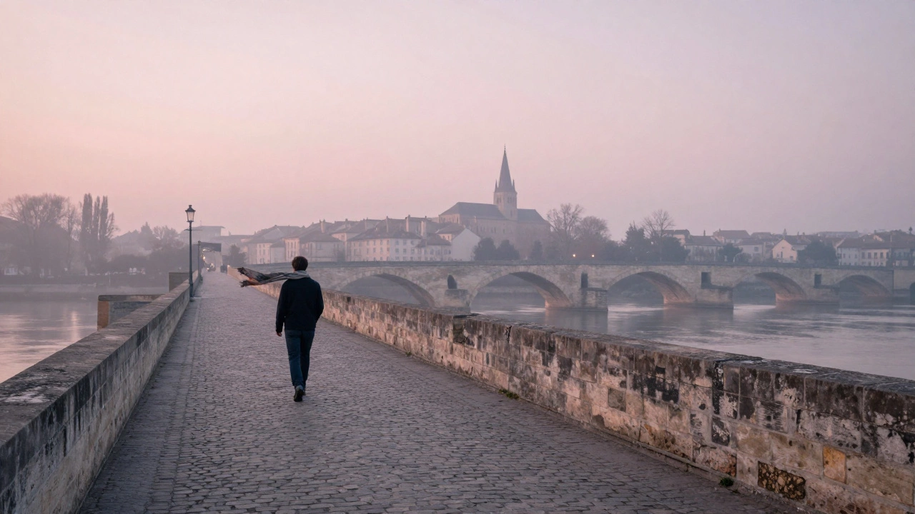 A solitary figure walks away from Pont d&#039;Avignon at dawn, mist rising from the Rhône River.
