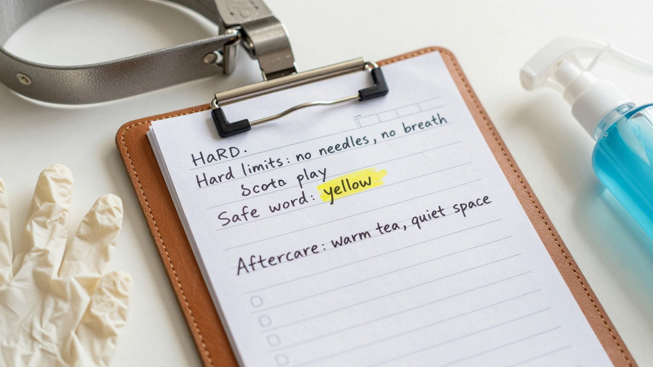 Close-up of a safety checklist and clean BDSM equipment arranged neatly on a table.