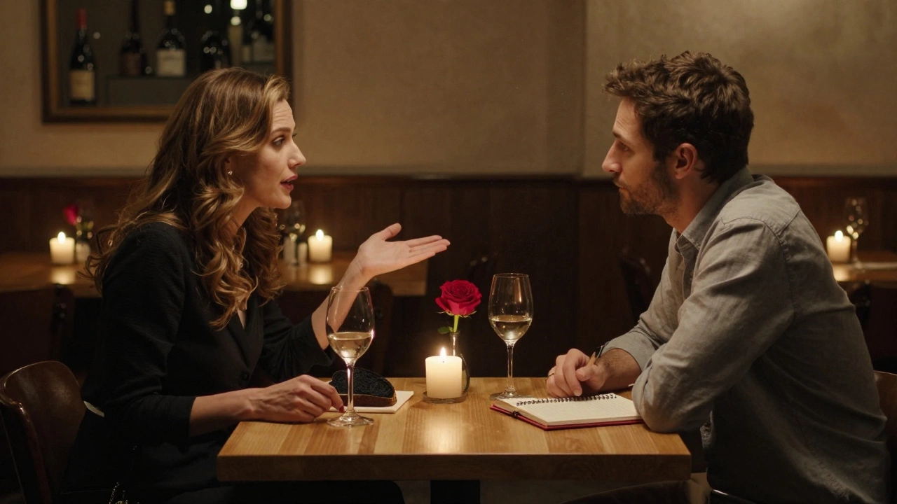 Two people in quiet conversation over candlelight, sharing wine and bread in a cozy restaurant.